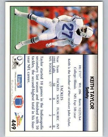 1992 Pacific Keith Taylor Football Card #449