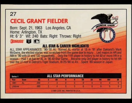 1992 Donruss American League Cecil Grant Feilder Baseball Card #27