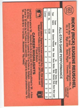 1990 Donruss Ricky (Rick) Eugene Reuschel Baseball Card #663