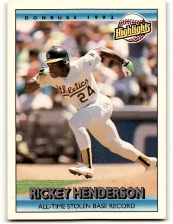 1992 Donruss Highlights Rickey Henderson Breaks Lou Brock's All-Time Stolen Base Record Baseball Card #215