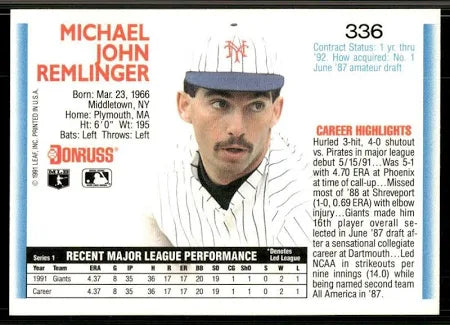 1992 Donruss Michael John Remlinger Baseball Card #336