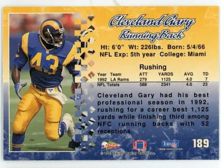 1993 Pacific Cleveland Gary Football Card #189
