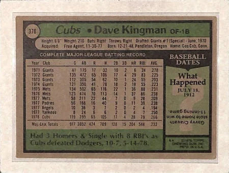 1979 Topps Dave Kingman Baseball Card #370