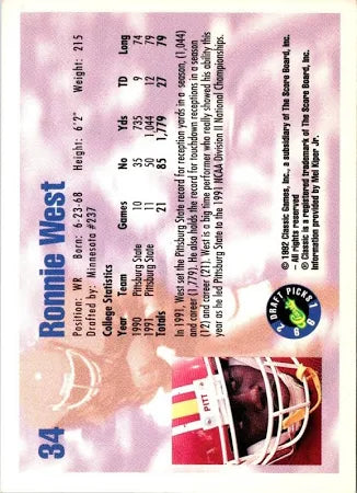 1992 Classic Draft Picks Ronnie West Football Card #34