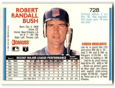 1992 Donruss Robert Randall Bush Baseball Card #728