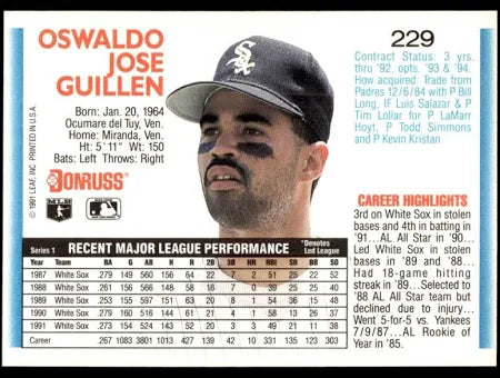 1992 Donruss Oswaldo Jose Guillen Baseball Card #229