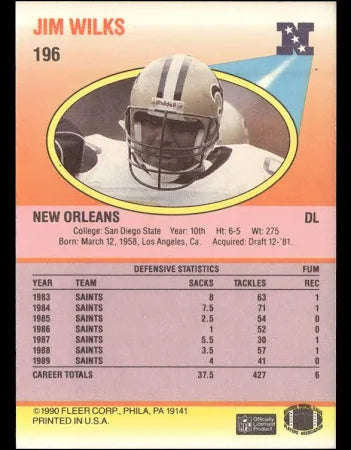 1990 Fleer Jim Wilks Football Card #196