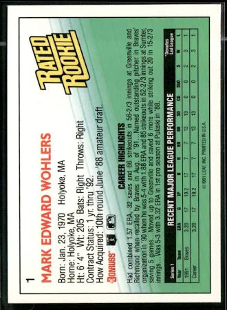 1992 Donruss Rated Rookie Mark Edward Wohlers Baseball Card #1