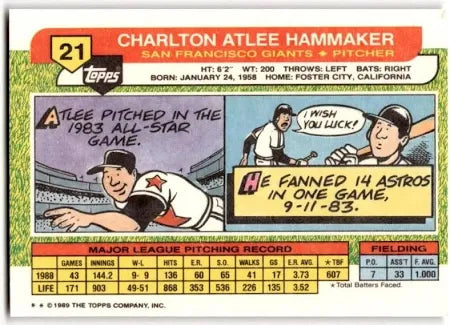 1989 Topps Charlton Atlee Hammaker Baseball Card #21