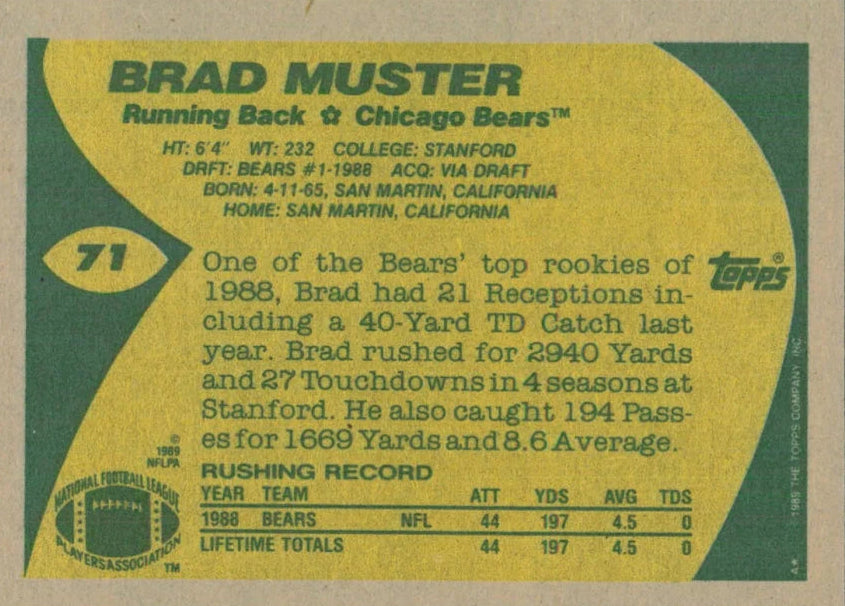 1989 Topps Brad Muster Football Card #71