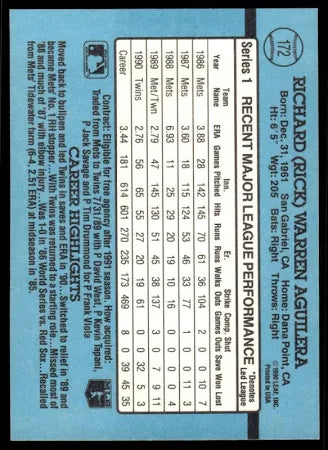 1991 Donruss Richard (Rick) Warren Aguilera Baseball Card #172