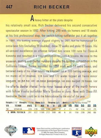 1993 Upper Deck Top Prospects Rich Becker Baseball Card #447