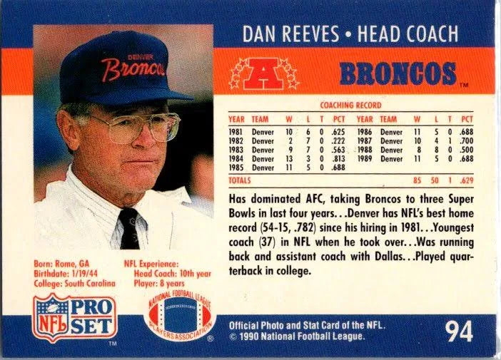 1990 NFL Pro Set Dan Reeves Football Card #94