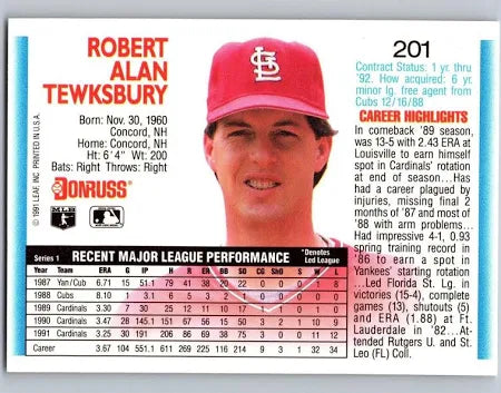 1992 Donruss Robert Alan Tewksbury Baseball Card #201