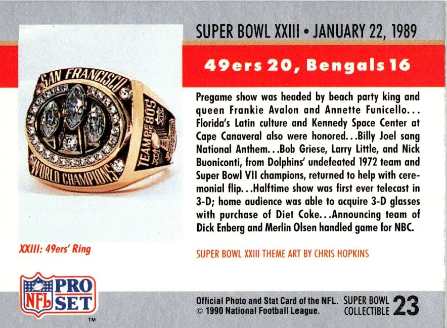 1990 NFL Pro Set Super Bowl XXIII 49ers 20, Bengal 16 Football Card #23
