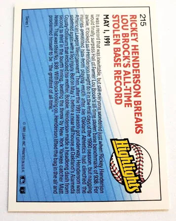 1992 Donruss Highlights Rickey Henderson Breaks Lou Brock's All-Time Stolen Base Record Baseball Card #215