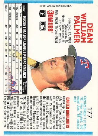 1992 Donruss Dean William Palmer Baseball Card #177