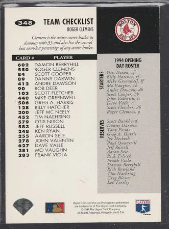 1994 Upper Deck Team Checklist Roger Clemens Baseball Card #348