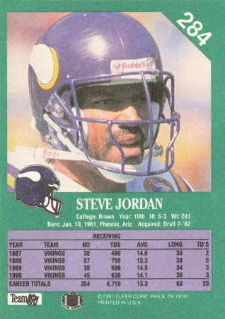 1991 Fleer Steve Jordan Football Card #284