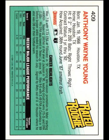 1992 Donruss Rated Rookie Anthony Wayne Young Baseball Card #409