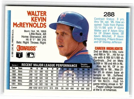 1992 Donruss Walter Kevin McReynolds Baseball Card #288
