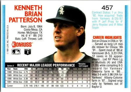 1992 Donruss Kenneth Brian Patterson Baseball Card #457