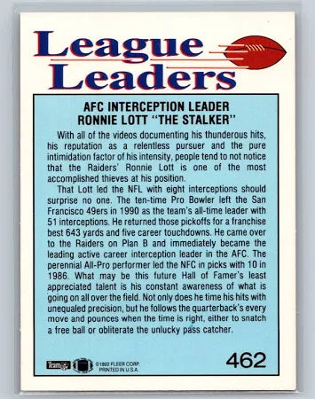 1992 Fleer League Leaders AFC Interception Leader Ronnie Lott "The Stalker" Football Card #462