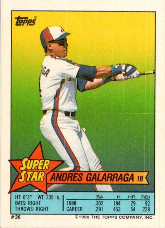 1989 Topps Super Star Sticker Andres Galarraga Baseball Card #36