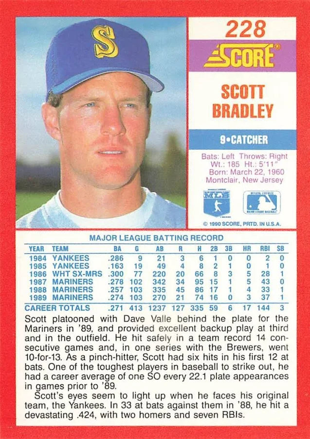 1990 Score Scott Bradley Baseball Card #228