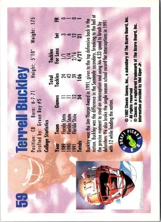1992 Classic Draft Picks Terrell Buckley Football Card #59