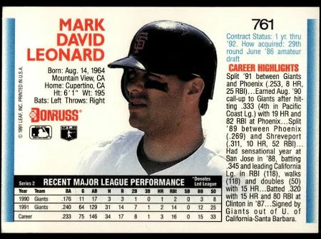 1992 Donruss Mark David Leonard Baseball Card #761