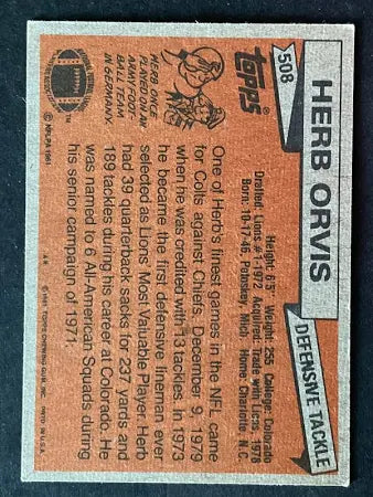 1981 Topps Herb Orvis Football Card #508