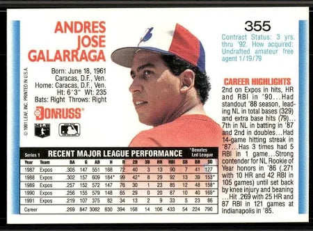 1992 Donruss Andres Jose Galarraga Baseball Card #355