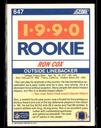1990 Score 1990 Rookie Ron Cox Football Card #647