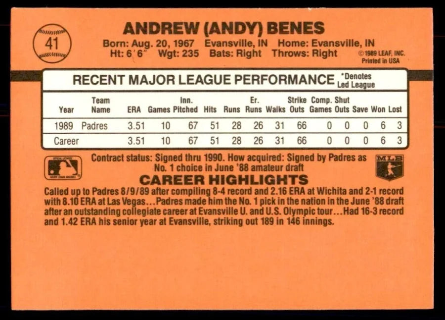 1990 Donruss Andrew (Andy) Benes Baseball Card #41