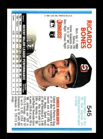 1992 Donruss Ricardo Bones Baseball Card #545