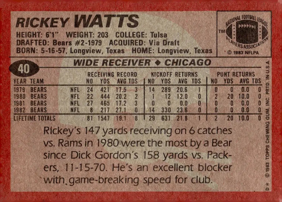 1983 Topps Rickey Watts Football Card #40