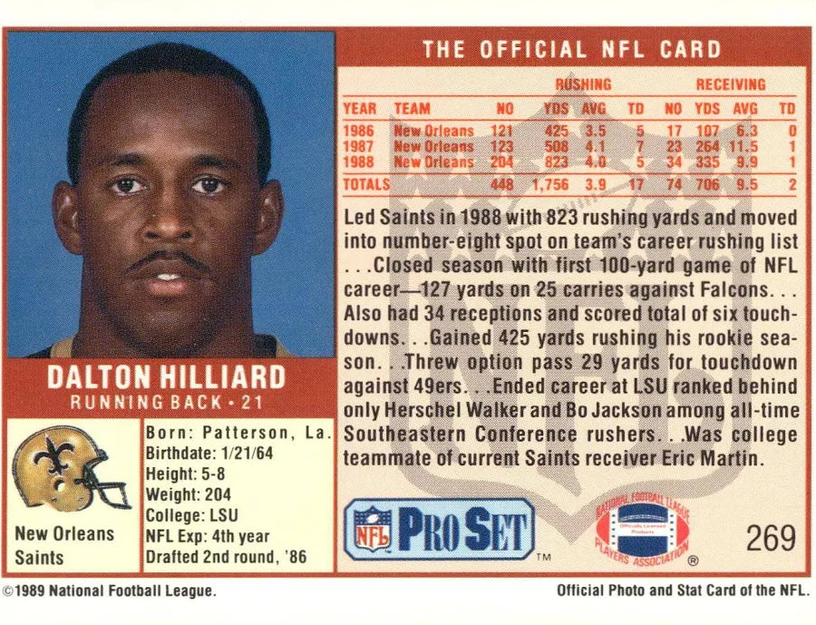 1989 NFL Pro Set Dalton Hilliard Football Card #269
