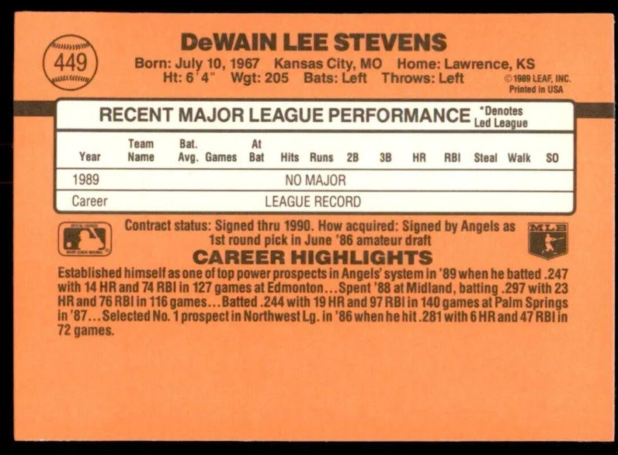1990 Donruss DeWain Lee Stevens Baseball Card #449