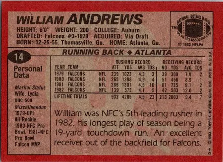 1983 Topps William Andrews Football Card #14