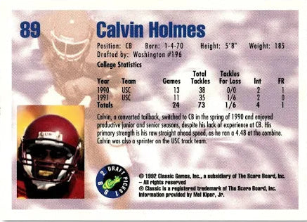 1992 Classic Draft Picks Calvin Holmes Football Card #89