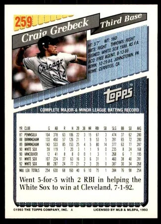 1993 Topps Craig Grebeck Baseball Card #259