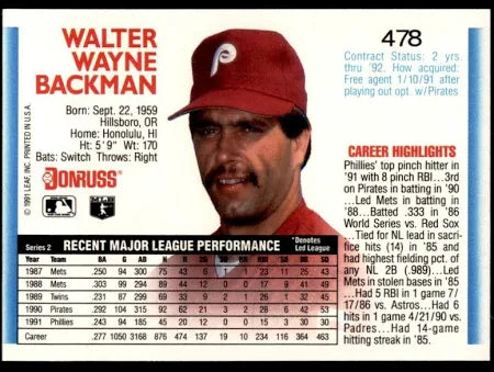 1992 Donruss Walter Wayne Backman Baseball Card #478