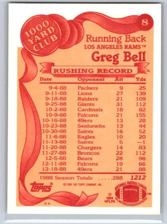 1989 Topps 1000 Yard Club Greg Bell Football Card #8