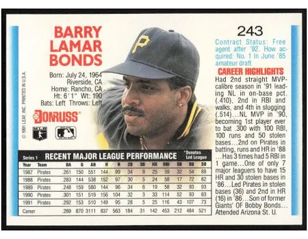 1992 Donruss Barry Lamar Bonds Baseball Card #243
