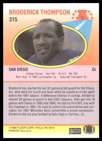 1990 Fleer Broderick Thompson Football Card #315