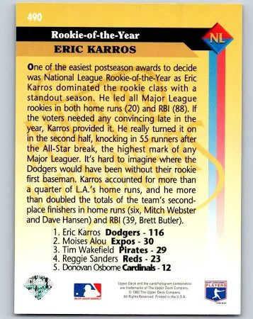 1993 Upper Deck Award Winners 1992 Rookie-of-the-Year Eric Karros Baseball Card #490