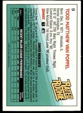 1992 Donruss Rated Rookie Todd Matthew Van Poppel Baseball Card #9