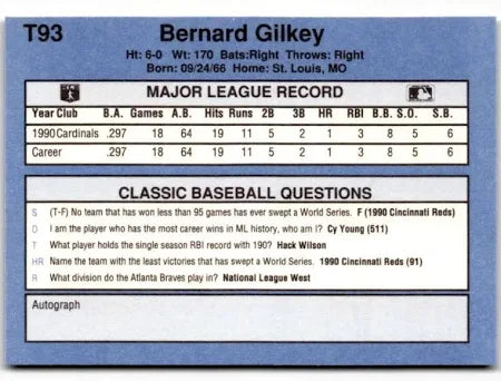 1991 Classic Bernard Gilkey Baseball Card #T93