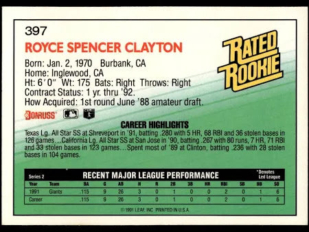 1992 Donruss Rated Rookie Royce Spencer Clayton Baseball Card #397